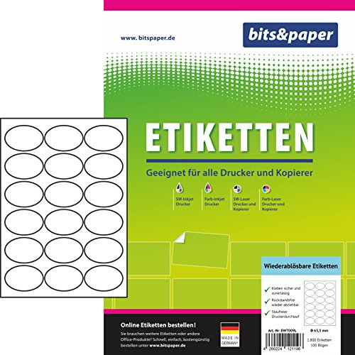 Bits&Paper EW7009L Universal-Etiketten (ablösbar (A4 (1.800 Etiketten, 100 Blatt) Weiß von Bits&Paper