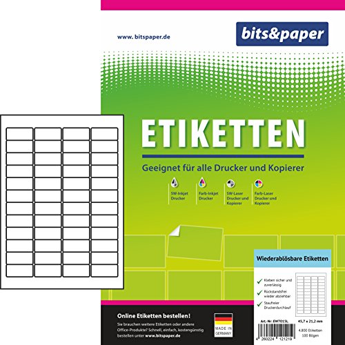 Bits&Paper EW7015L Universal-Etiketten (ablösbar (A4 (4.800 Etiketten, 100 Blatt) Weiß von Bits&Paper