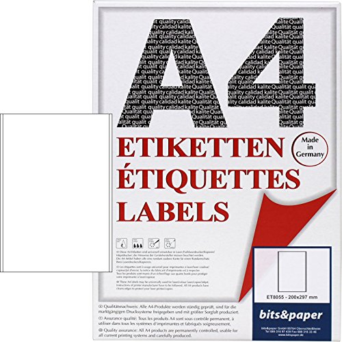 bits&paper ET8055XL Universal-Etiketten (200 x 297 mm, 1000 Etiketten, Papier matt, A4) 1000 Blatt weiße Etiketten von Bits&Paper