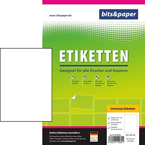 bits&paper ET8059XL Universal-Etiketten (210 x 297 mm, 1000 Etiketten, Papier matt, A4) 1000 Blatt weiße Etiketten von Bits&Paper