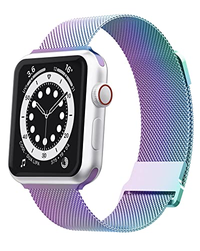 Biuupa Edelstahl Armband Kompatibel mit Apple Watch Armband 41 40 38mm, Mesh Metall Ersatzarmband mit Einstellbar Magnetschloss für iWatch 9/8/7/6/5/4/3/2/1 SE für Damen/Herren - Regenbogen von Biuupa