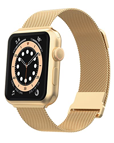 Biuupa Edelstahl Armband Kompatibel mit Apple Watch Armband 42 44 45mm, Mesh Metall Ersatzarmband mit Einstellbar Magnetschloss für iWatch 9/8/7/6/5/4/3/2/1 SE für Damen/Herren - Gold von Biuupa