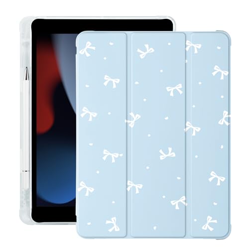 BlHMCASE Niedliche weiße Schleife für iPad Air5/Air4 Hülle mit Stifthalter, Auto Sleep/Wake, blaues Leder, weiche TPU-Rückabdeckung für iPad 10,9 Zoll 2022/2020 von BlHMCASE