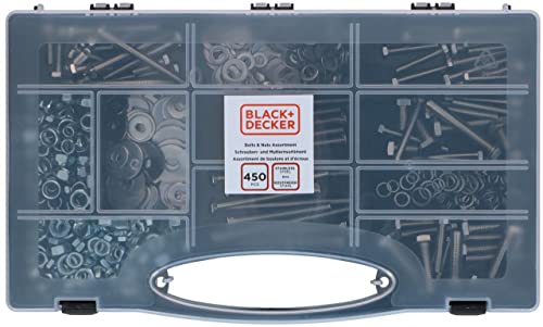 BLACK+DECKER Schrauben und Muttern Sortiment 450 Stück - Set mit Werkzeugkoffer - Verschiedene Arten/Größen - Edelstahl - Silber von Black+Decker
