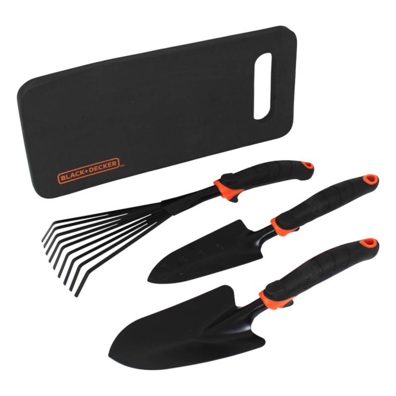 Black + Decker 4-teiliges Gartenwerkzeug Set Schaufel Handrechen Knieunterlage von Black + Decker