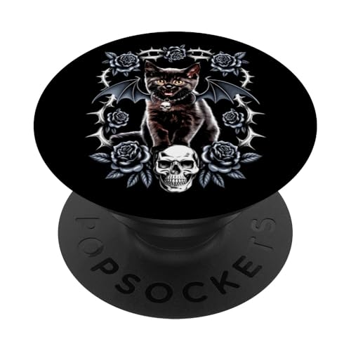 Schwarze Katze, Kätzchen, Gothic, Totenköpfe, Halloween, Rose, Mutter, Papa PopSockets Klebender PopGrip von BlackCatAxis1