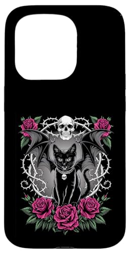 Schwarze Katze, Kätzchen, Halloween, Gothic, Totenköpfe, Rose, Mutter, Papa Hülle für iPhone 15 Pro von BlackCatAxis1