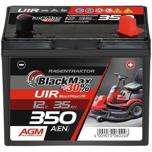 BlackMax Rasentraktor Batterie 12V 35Ah 350A (Pluspol rechts) - U1R-9 +30% Starterbatterie (12 Volt) für Aufsitzmäher und Rasenmäher-Traktoren - wartungsfrei & wiederaufladbar von BlackMax