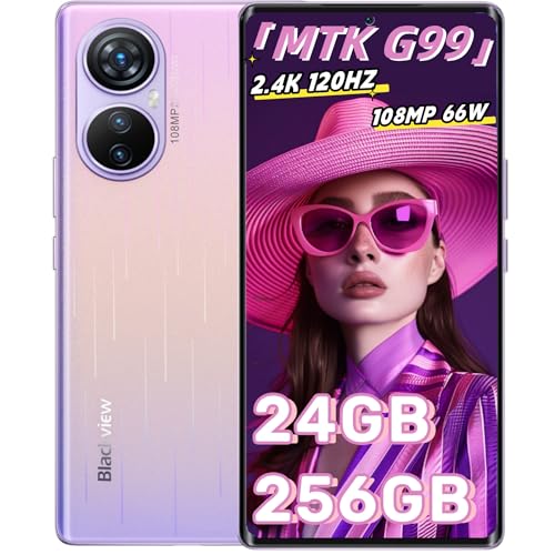 Blackview A200Pro Smartphone ohne vertrag, 2.4K Amoled 120Hz Gebogenes Display, 108MP Dreifach-Kamera Anroid 13 Handy, 24GB+256GB Helio G99 mit 66W Schnellladung 5050mAh Akku Simlockfreie Handys, Lila von Blackview