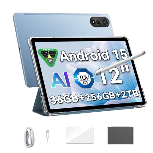 Blackview Mega2 Tablet 12 Zoll，Tablet Android 15 mit 36GB RAM+256GB ROM(2TB TF), 2K FHD Großes Display WideVine L1, Dual 4G LTE+5G WiFi, Octa Core T615,9000 mAh Akku,Dual Kamera,GPS/Face ID/Blau von Blackview