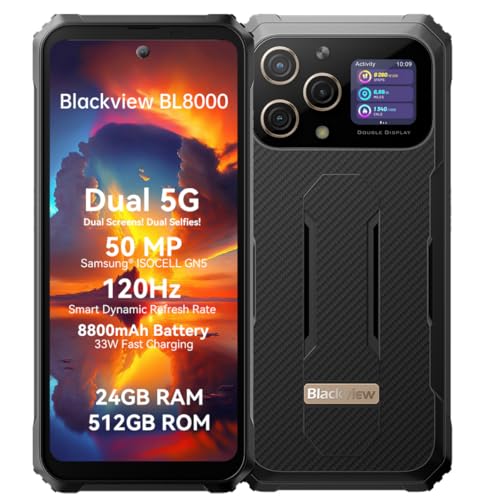 Blackview Outdoor Smartphone Dual 5G BL8000, Dimensity 7050 24GB+512GB, 50MP Kamera, 6,78'' 2,4K Dual-Bildschirm, 8800mAh Akku 33W Schnellladung, IP68 Handy Ohne Vertrag, NFC GPS OTG Gold von Blackview