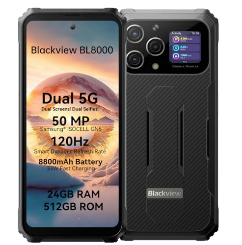 Blackview Outdoor Smartphone Dual 5G BL8000, Dimensity 7050 24GB+512GB, 50MP Kamera, 6,78'' 2,4K Dual-Bildschirm, 8800mAh Akku 33W Schnellladung, IP68 Handy Ohne Vertrag, NFC GPS OTG Grau von Blackview