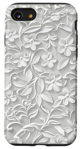 Weißes, minimalistisches, flaches Blumenmuster Hülle für iPhone SE (2020) / 7 / 8 von Blanc Floral Pattern