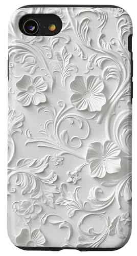 Weißes, minimalistisches, flaches Blumenmuster Hülle für iPhone SE (2020) / 7 / 8 von Blanc Floral Pattern