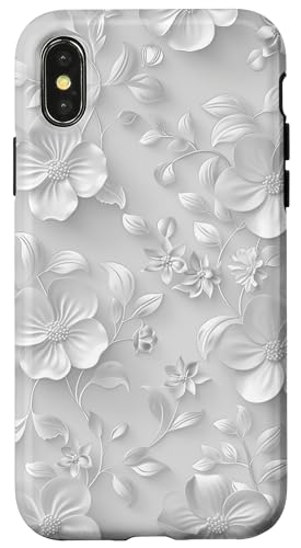 Weißes, minimalistisches, flaches Blumenmuster Hülle für iPhone X/XS von Blanc Floral Pattern
