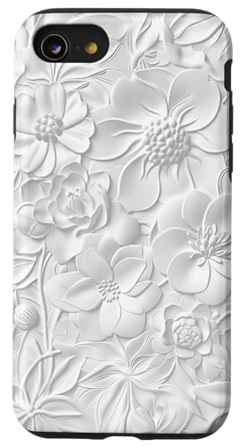 Weißes Blumenmuster auf weißem Hintergrund Hülle für iPhone SE (2020) / 7 / 8 von Blanc Floral Pattern