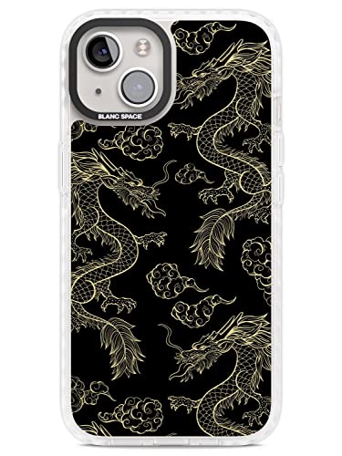 Schwarz und Gold Drachenmuster Impact Handyhülle für iPhone 14 | Schutzhülle Dual Layer Bumper TPU Silikon Cover Muster gedruckt | Chinesische Wolke kunstvoll traditionelle Fancy von Blanc Space