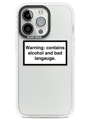 Warnung: Enthält Alkohol & Bad Language Impact Phone Case für iPhone 14 Pro TPU Schutzhülle Leichte Starke Hülle mit Warnschild Minimal Design Zitat von Blanc Space