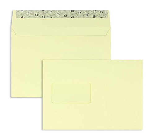 100 Stück, Farbige Briefumschläge, DIN C5, Haftklebung mit Abziehstreifen, Gerade Klappe, 130 g/qm Colorista, Mit Fenster, Creme (Creme-Gelb), Blanke Briefhüllen von Blanke Briefhüllen