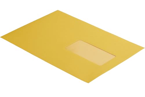 100 Stück, Farbige Briefumschläge, DIN C5, Haftklebung mit Abziehstreifen, Gerade Klappe, 130 g/qm Colorista, Mit Fenster, Gelb (Goldgelb), Blanke Briefhüllen von Blanke Briefhüllen