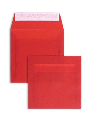 100 Stück, Farbige Transparente Briefumschläge, 160 x 160 mm, Haftklebung mit Abziehstreifen, Gerade Klappe, 92 g/qm Offset, Ohne Fenster, Rot (Transparent-Intensivrot), Blanke Briefhüllen von Blanke Briefhüllen
