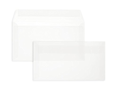 100 Stück, Transparente Briefumschläge, 125 x 235 mm (Kompakt), Haftklebung mit Abziehstreifen, Gerade Klappe, 100 g/qm Offset, Ohne Fenster, Weiß (Transparent-Weiß), Blanke Briefhüllen von Blanke Briefhüllen