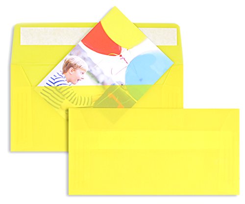 Farbige Transparent-Hüllen | Premium | 110 x 220 mm (DIN Lang) Gelb (50 Stück) mit Abziehstreifen | Briefhüllen, Kuverts, Couverts, Umschläge mit 2 Jahren Zufriedenheitsgarantie von Blanke Briefhüllen