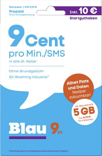 Blau.de 9 Cent Startpaket Prepaid-Karte ohne Vertragsbindung von Blau.de
