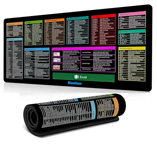 BlauHaus excel Shortcuts Mauspad,erweitertes großes XXL-Spickzette, Gaming-Mauspad, PC-Büro-Spreadsheet Tastaturmatte, rutschfeste genähte Kanten (A) von BlauHaus
