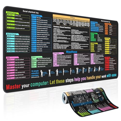 BlauHaus excel Shortcuts Mauspad,erweitertes großes XXL-Spickzette, Gaming-Mauspad, PC-Büro-Spreadsheet Tastaturmatte, rutschfeste genähte Kanten (B) von BlauHaus