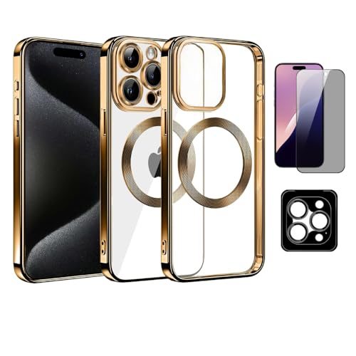 BlaueVogel 3 in 1 iPhone 15 Pro Max Hülle für Magsafe, mit 1 Sichtschutzglas, 1 Kameraschutzlinse, Stoßfeste Kratzfeste Magnetische Handyhülle für iPhone 15 Pro Max Hülle, Gold von BlaueVogel