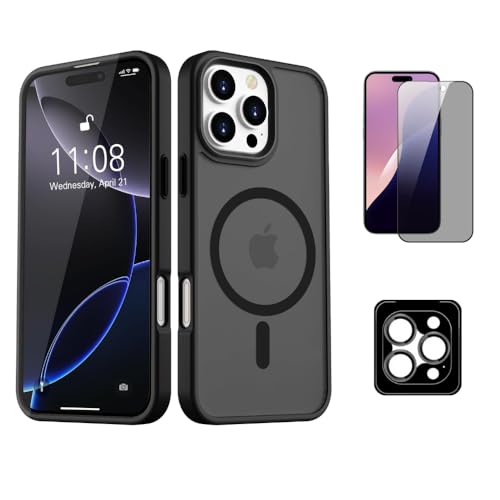 BlaueVogel 3 in 1 iPhone 16 Pro Hülle für Magsafe, mit 1 Sichtschutzglas, 1 Kameraschutzlinse, Stoßfeste Kratzfeste Magnetische Handyhülle für iPhone 16 Pro Hülle, Schwarz von BlaueVogel