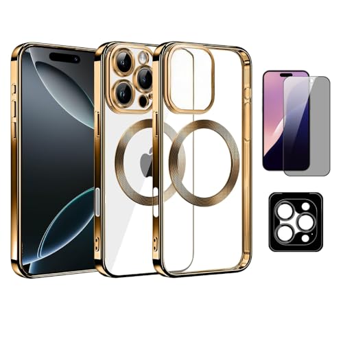 BlaueVogel 3 in 1 iPhone 16 Pro Max Hülle für Magsafe, mit 1 Sichtschutzglas, 1 Kameraschutzlinse, Stoßfeste Kratzfeste Magnetische Handyhülle für iPhone 16 Pro Max Hülle, Gold von BlaueVogel