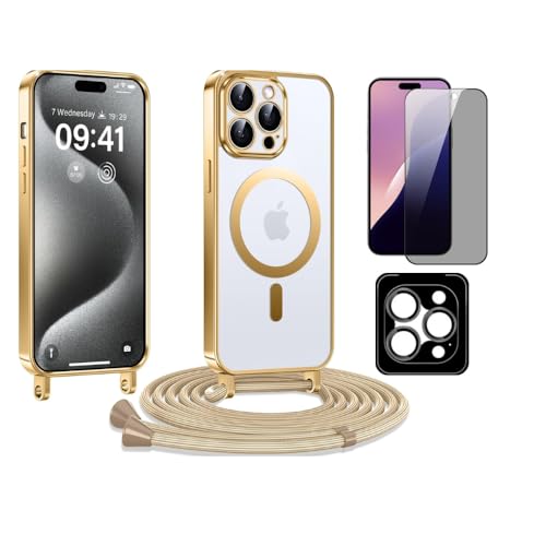 BlaueVogel Handykette Hülle für iPhone 15 Pro Max mit Band + Sichtschutzfolie und Kameralinsenschutz. Magnetische transparente Handyhülle passt für MagSafe, Kratzfestes stoßfestes Case, Gold von BlaueVogel