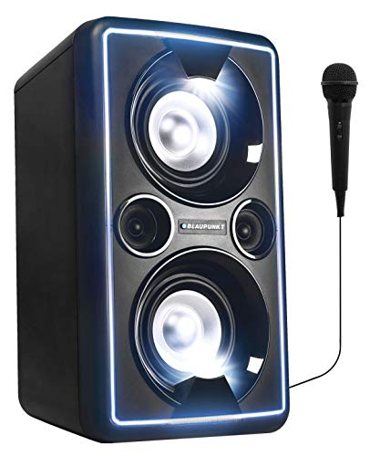 BLAUPUNKT PS 2000 Mobile PA Sound Anlage mit Akku & Lichteffekten – Bluetooth Soundsystem mit Equalizer & Radio inkl. Mikrofon (MP3, USB, AUX, 2 x 25 Watt RMS) von Blaupunkt