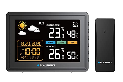 Blaupunkt WS30BK Wetterstation Digital Farbdisplay Funkwetterstation DCF-Funkuhr Multifunktionale Wetterstation Thermometer Hygrometer Innen und Außen LCD-Display mit Wettervorhersage von Blaupunkt