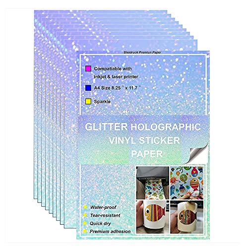 Druckbare Sparkle Holographisches Premium Vinyl-Aufkleberpapier 20 Blatt A4 Größe druckbares Regenbogen-Vinyl-Aufkleberpapier Schnell trocknend für Tintenstrahl-/Laserdrucker von Bleidruck