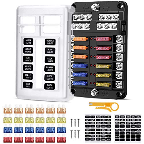 12 Fach Sicherungshalter KFZ, 12V ATO Sicherungskasten KFZ, Auto Sicherungsdose Sicherungsträger mit 24pcs Sicherungen und LED-Anzeige Schutzabdeckung für Auto, Boot, Marine, SUV, Wohnmobil, LKW von Blewandy