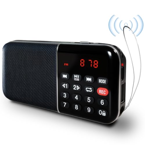 Kleines Digitalradio, Mini FM Radio mit Autosuche, eingebauter wiederaufladbarer Akku und MP3-Wiedergabe über USB/TF-Karte, Taschengroßer Gehrundfunk fürs Campen, Spazierengehen und Reisen (Schwarz) von BliMySwe