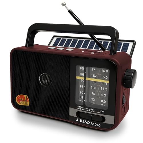 Tragbarer Radio Klein mit Solarzelle und 1200mAh-Batterie, AM/FM/SW Empfänger mit 8W Lautsprecher/TWS/USB/TF, kofferradio mit Bluetooth für Camping, Notfälle und Outdoor (Red) von BliMySwe