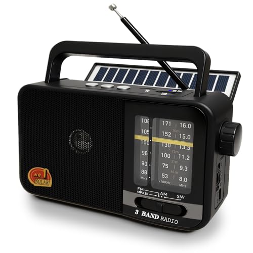 Tragbarer Radio Klein mit Solarzelle und 1200mAh-Batterie, AM/FM/SW Empfänger mit 8W Lautsprecher/TWS/USB/TF, kofferradio mit Bluetooth für Camping, Notfälle und Outdoor (Black) von BliMySwe
