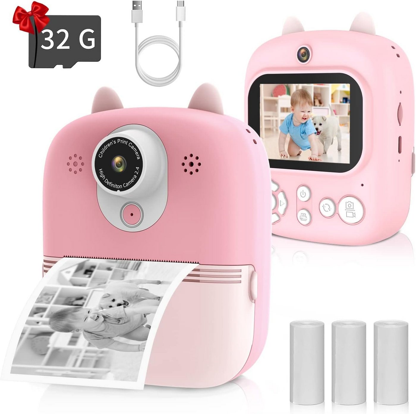 BlingBin 2,4 Zoll 1080P Kinder Kamera Sofortdruck Schwarzweiß Videokamera Sofortbildkamera (12 MP, 8x opt. Zoom, Live-Ansicht) von BlingBin