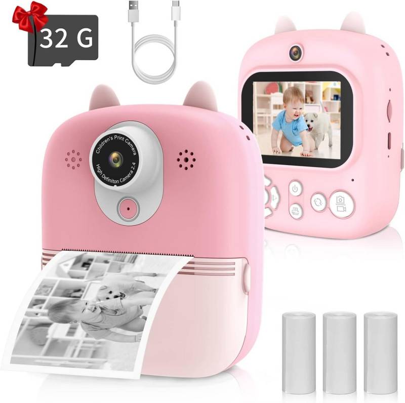 BlingBin 2,4 Zoll 1080P Kinder Kamera Sofortdruck Schwarzweiß Videokamera Sofortbildkamera (12 MP, 8x opt. Zoom, Live-Ansicht) von BlingBin