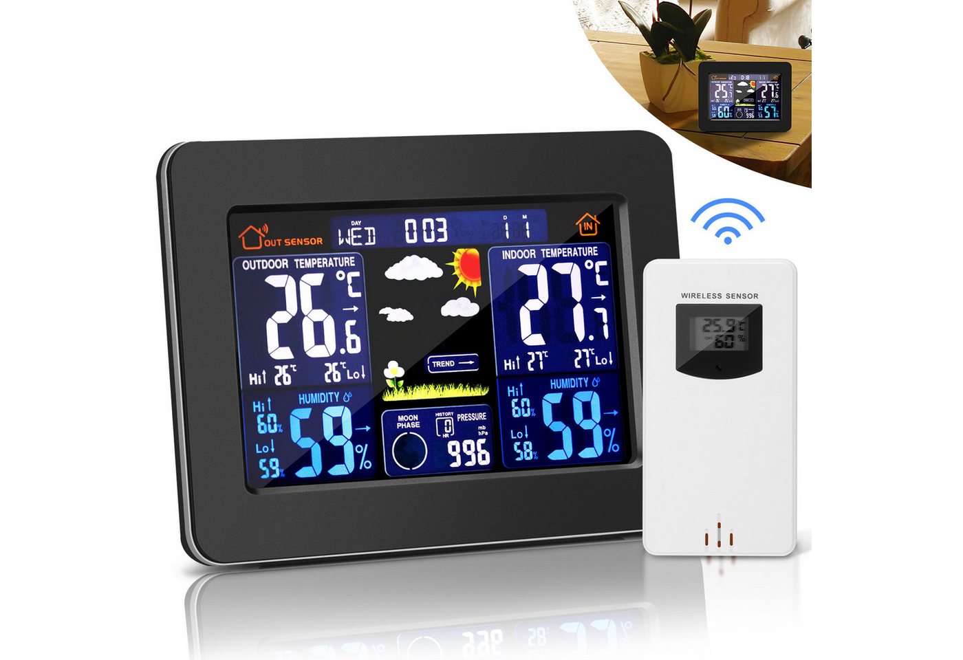 BlingBin Digitaluhr Prognose Uhr multifunktional Vorhersage Uhr Farbbildschirm Innenwetterstation (mit Außensensor, Wetterstation Alarm Prognosethermometer USB Frost Alarmfunktion Wecker) von BlingBin