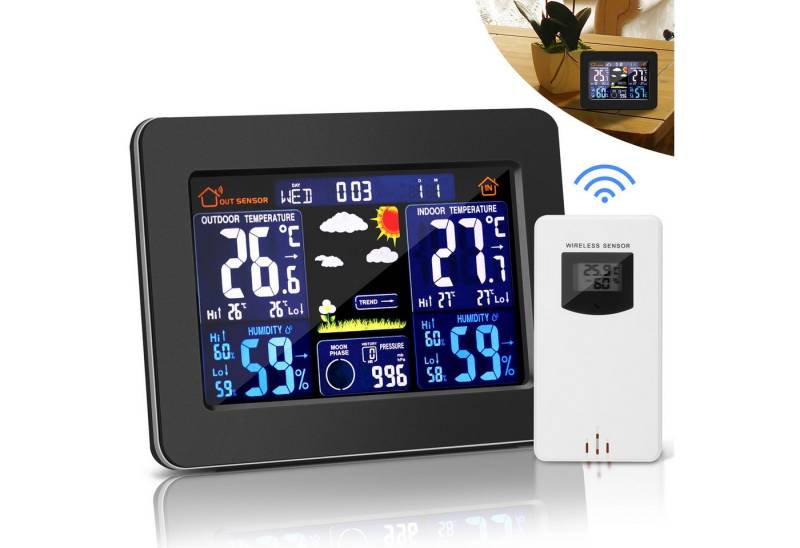 BlingBin Digitaluhr Prognose Uhr multifunktional Vorhersage Uhr Farbbildschirm Innenwetterstation (mit Außensensor, Wetterstation Alarm Prognosethermometer USB Frost Alarmfunktion Wecker) von BlingBin