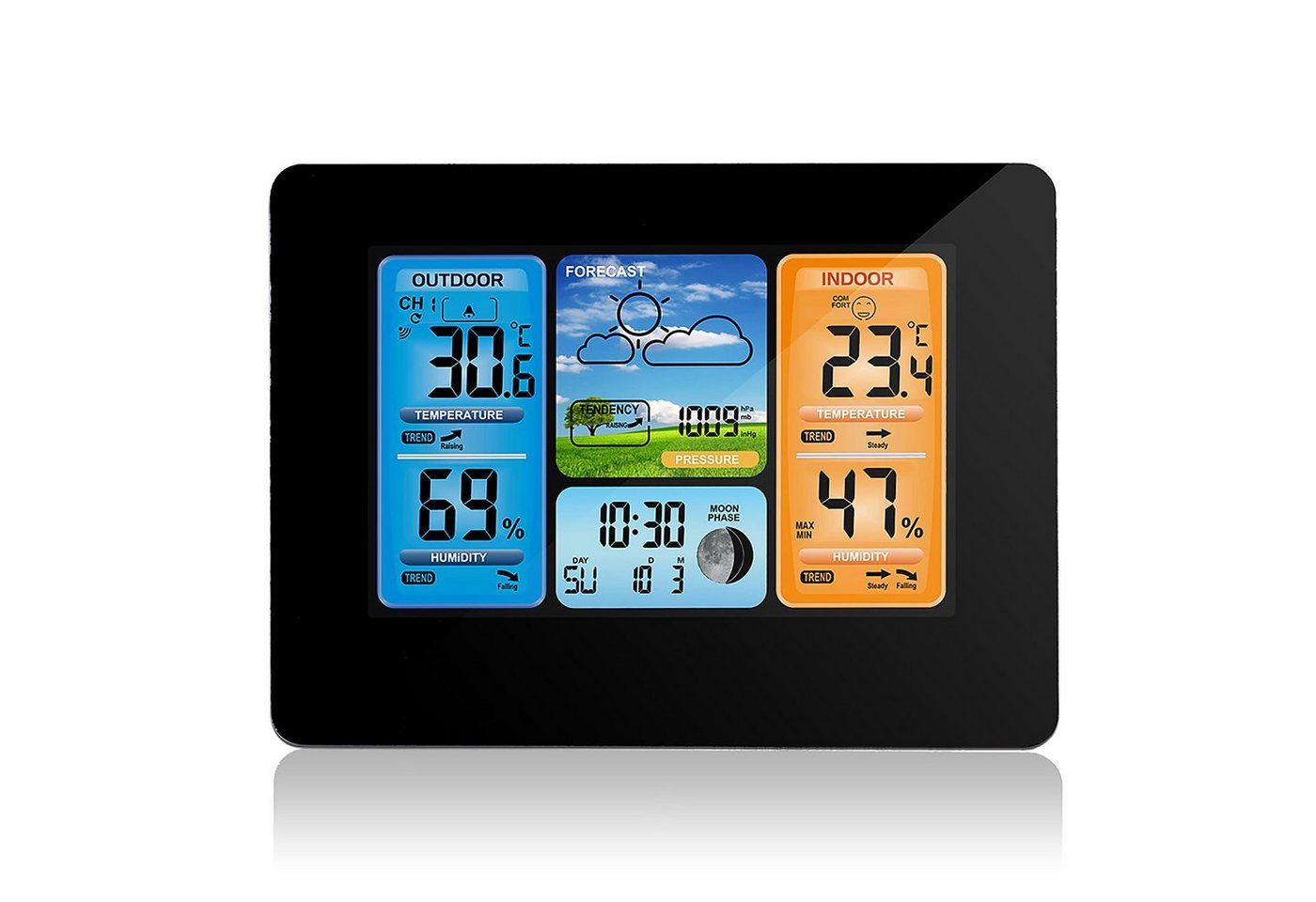 BlingBin Farbdisplay Digitale Wecker Thermometer Innen-Außensensor Uhr Funkwetterstation (Mit Außensensor, Wetterstation Funk mit Außensensor) von BlingBin