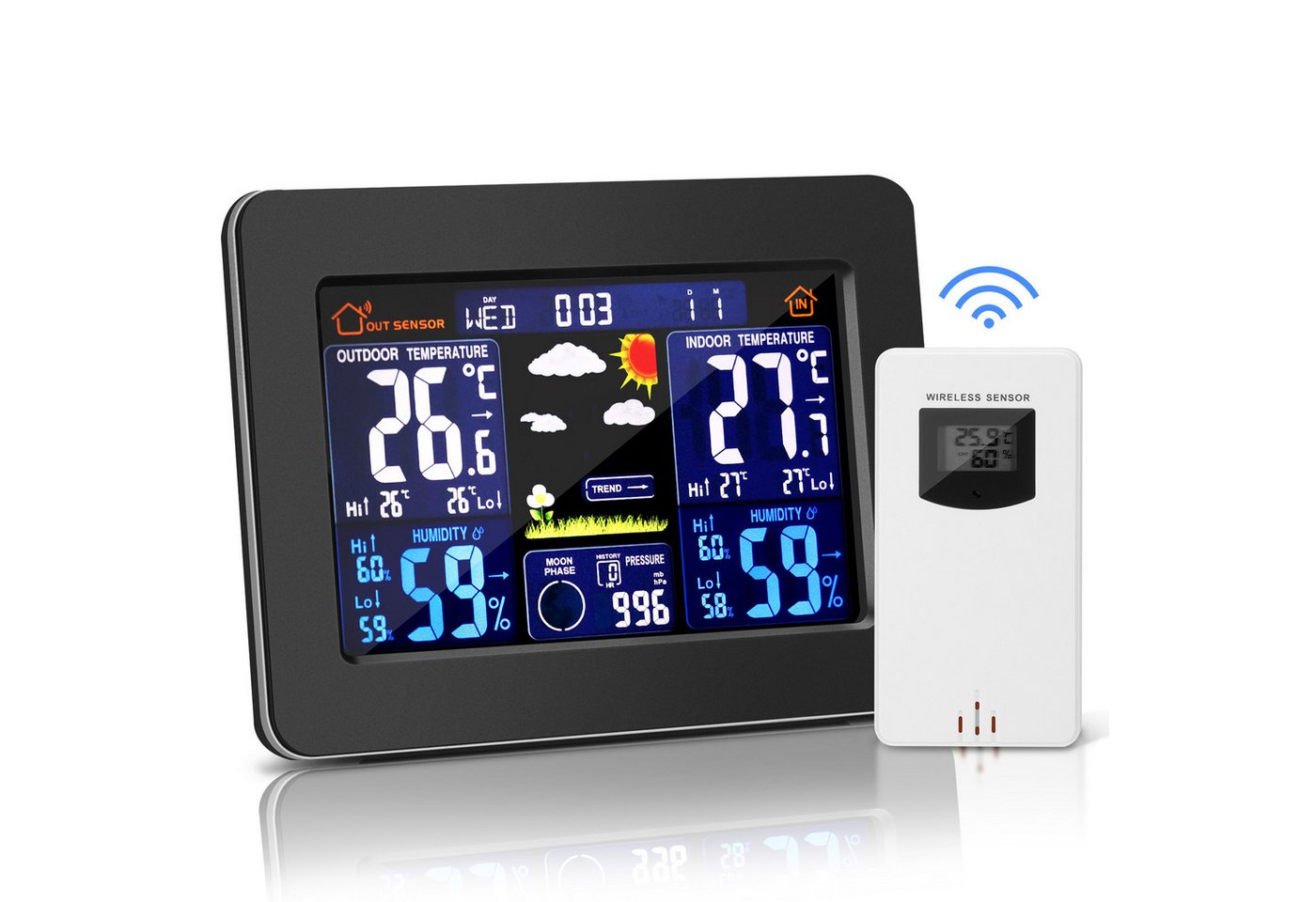BlingBin Funk Wetterstationen Innen & Außentemperatur Funk mit Wettervorhersage Wetterstation (mit Außensensor, mit Innen und Außentemperatur/-luftfeuchtigkeit, Luftdruckanzeige) von BlingBin