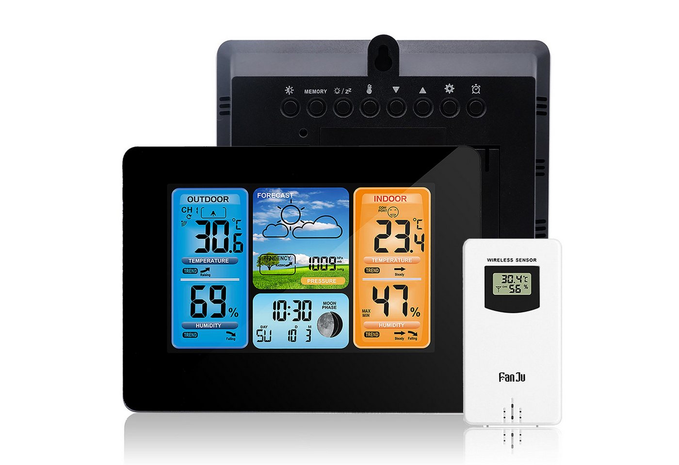 BlingBin Funkwetterstation Digital Color Forecast Wetterstation Mit Außensensor Wetterstation (kabelloser Außensensor, Mit Alarm und Temperatur/Feuchte/Barometer/Alarm/Mondphase Wetteruhr) von BlingBin