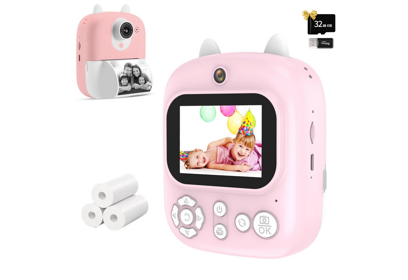 BlingBin Kinderkamera Sofortbildkamera, 1080P Digitalkamera mit 32GB TF-Karte Sofortbildkamera (12 MP, inkl. 1 Stück, 2,4 Zoll Sofortbildkamera mit 3 Rollen Thermodruckpapier für Kinder) von BlingBin