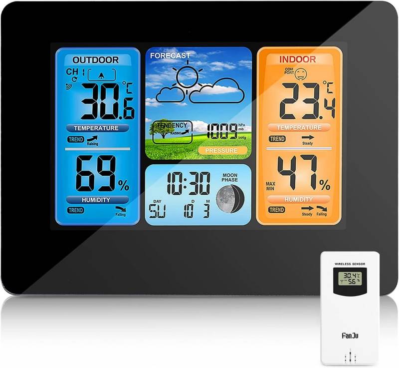 BlingBin LCD Digitale Wecker Funkuhr Thermometer Innen-Außensensor Funkwetterstation (mit Alarm und Temperatur/Feuchtigkeit/Barometer/Monduhr/Wetter) von BlingBin